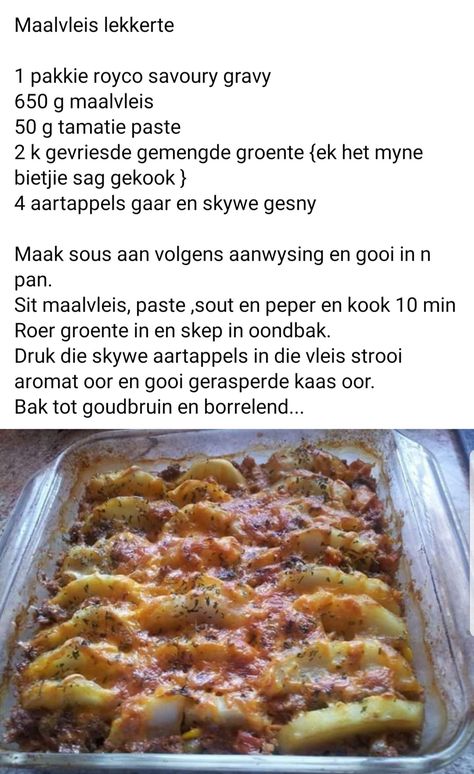 Maalvleis Geregte, Vegetable Dishes Recipes, Cooked Chicken Recipes, Easy Meat Recipes, Mince Recipes, Homemade Cake Recipes, Savoury Baking, Beef Recipes Easy, Quiche Recipes