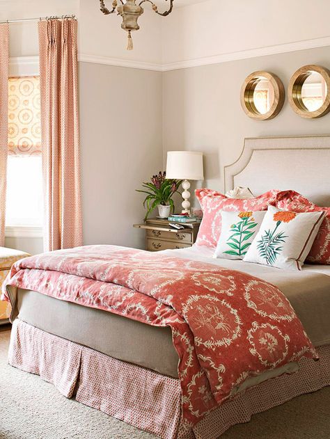 A thread of reddish orange unites the patterns in this bedroom, but if you look a little closer, you'll also discover a subtle circle motif: http://www.bhg.com/rooms/bedroom/master-bedroom/beautiful-boudoirs/?socsrc=bhgpin032514movingtheme&page=8 Coral Bedroom, Dreamy Bedrooms, Gray Bedroom, Settee, Beautiful Bedrooms, Dream Bedroom, My New Room, Apartment Therapy, Guest Bedroom