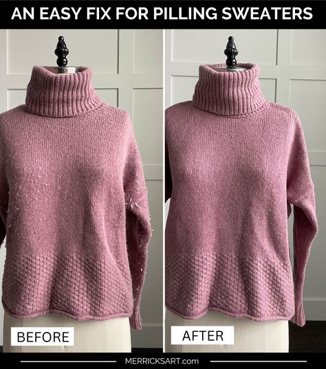 Outfit Hack: How to Fix a Pilling Sweater - Merrick's Art Sweater Too Long Hack, How To Depill A Sweater, Tucked Sweater Hack, How To Fix A Snag In A Sweater, How To Fix A Wool Sweater That Shrunk, Sweater Hacks, Sweater Shaver, Merricks Art, Acrylic Sweater