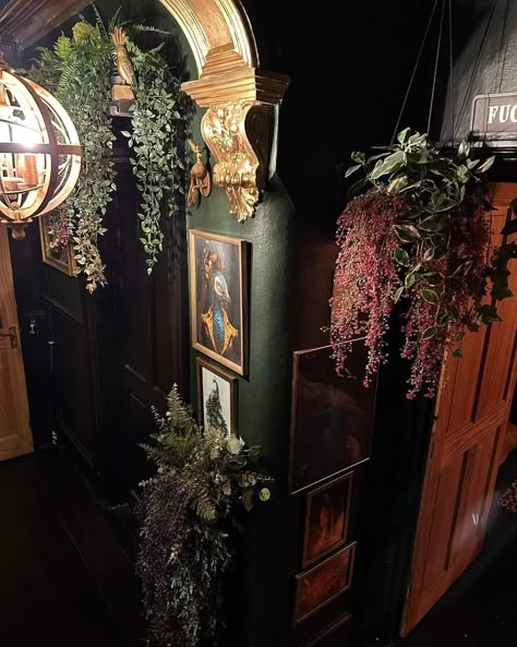 Whimsigoth Living Room Aesthetic, Witchy Studio Apartment, Witchy Hallway, Gothic Foyer, Green Maximalism, Gothic Entryway, Southern Gothic Decor, Witchy Living Room, Wallpaper On Ceiling