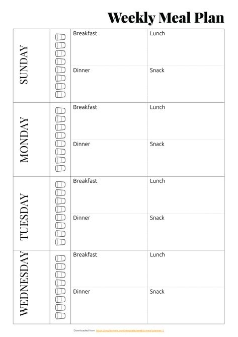 This weekly meal planner template will suit you if you have difficulties with planning your weekly or daily meals. It consists of four pages and is designed for one week. It has a simple design and its structure is easy to use. You can find here not only the main meals of one day such as breakfast, dinner and lunch but also a snack. There is a section with images of glasses. It is a great reminder for you to not forget about drinking enough water every day. Just paint over one glass when you dri Food Daily Planner, Meals Planner, Printable Weekly Meal Planner, Weekly Meal Plan Template, Food Diary Template, Meal Planner Printable Free, Weekly Meal Planner Template, Travel Humor Quotes, Drinking Enough Water