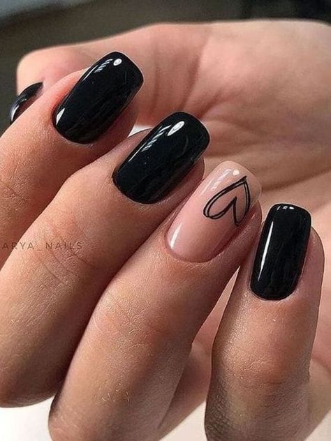 Heart Nails Short, Nails With A Heart, Cute Heart Nails, Short Black Nails, Sophisticated Manicure, Subtle Nail Art, Heart Nail Designs, February Nails, Hot Pink Nails