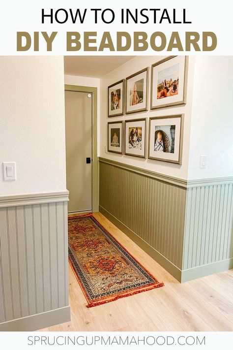 How to install easy DIY beadboard wainscotting at your hallway Painting Wainscoting Ideas Living Room, Paneling Ideas For Walls, Bead Board Paneling Walls, Green Wainscoting Living Room, Green Bead Board Walls, Half Wall Headboard, Wainscoting Color Ideas, Beadboard Half Wall, Beadboard Accent Wall