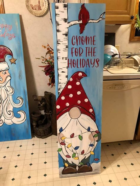 Pictures Of Gnomes To Paint, Christmas Wood Plank Signs, Gnome Welcome Signs For Porch, Gnome Paintings On Wood, Painted Wooden Gnomes, Gnome Painting Ideas, Gnomes Painting, Gnomes Art, Gnome Painting