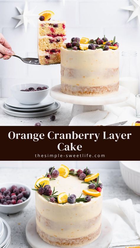 Bring on all the cozy winter vibes with this orange cranberry cake. Featuring three layers of moist cake, a tart cranberry filling and an orange creamsicle buttercream frosting, this cake strikes just the right balance of tart and sweet. Orange Cranberry Desserts, Orange Cranberry Cake, Cranberry Filling, Cranberry Orange Cake, Cozy Winter Vibes, Fig Cake, Cranberry Cake, Thanksgiving Cakes, Orange Cranberry