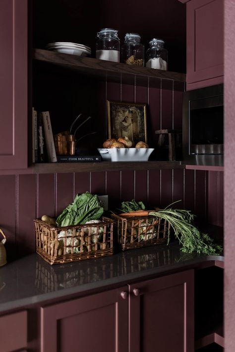 James May Homes Purple And Wood Kitchen, Plum Kitchen Walls, Burgundy Mudroom, Aubergine Bathroom, Plum Cabinets, Purple Kitchen Cabinets, Scullery Kitchen, Beadboard Trim, James May Homes