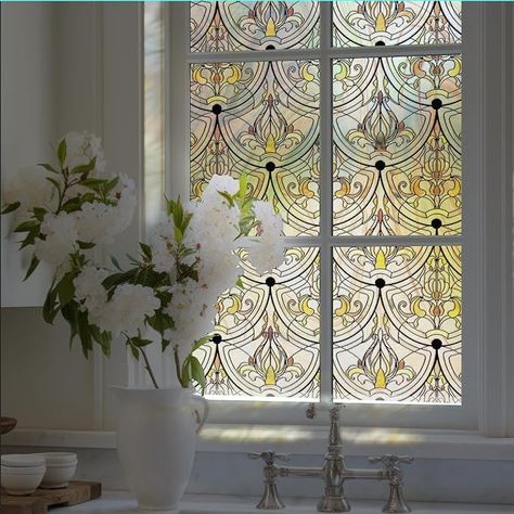 Amazon.com: 3D Stained Glass Window Film, Decorative Window Privacy Film for Bathroom,Front Door,Home, Sun Blocking Heat Control,Static Cling, Golden Ironwork 17.5inch x 47.24inch : Home & Kitchen Window Film Designs, Window Privacy Film, Stained Doors, Gothic Windows, Stained Glass Window Film, Decorative Window Film, Window Privacy, Privacy Film, Window Film Privacy