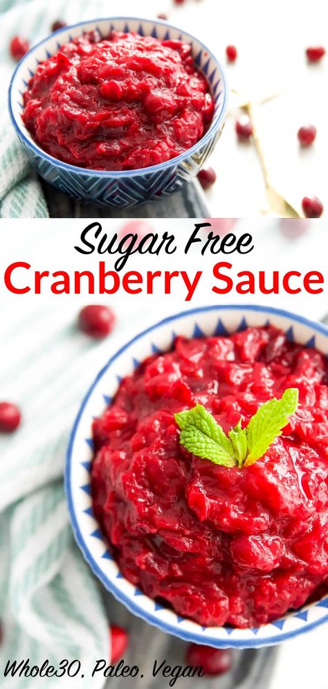 This sugar free cranberry sauce is so easy to make, with orange juice, grated apple, vanilla and cinnamon. It's perfect for Thanksgiving and Christmas and is paleo and Whole30 compliant! #sugarfree #whole30 #paleo #vegan #holiday @pureandsimplenurishment Cranberry Sauce Easy, Healthy Cranberry Sauce, Keto Cranberry Sauce, Sugar Free Cranberry Sauce, Keto Cranberry, Canned Cranberry Sauce, Christmas Side, Keto Sauces, Sweet Potato Muffins