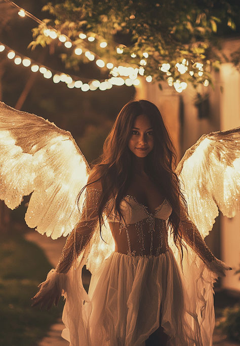 Angel College Halloween Costume Halloween Wings Costume, Angel Goddess Costume, Magical Costume Ideas, Modest Angel Costume, Angel Party Outfit, Angel Costume Ideas For Women, Angel Costumes Women, Light Up Clothing, Angel Halloween Costumes For Women