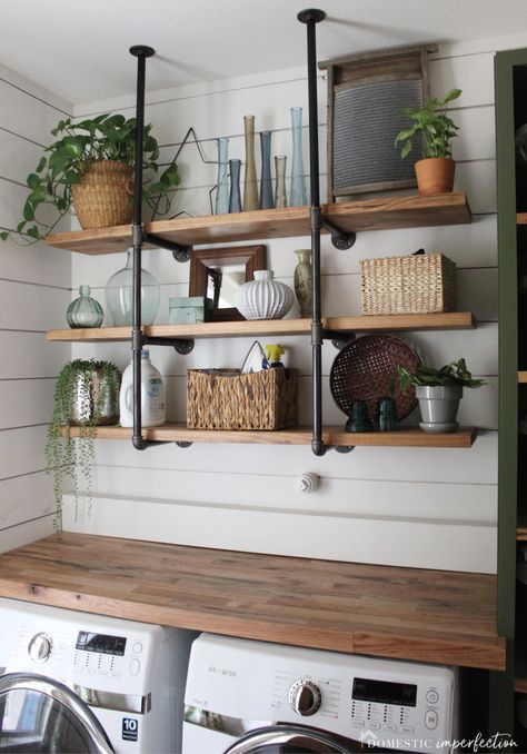 DIY farmhouse laundry room - click through for a source list, price breakdown, and links to all the tutorials! #laundryroom #brickflooring #DIY #farmhouselaundryroom Organization Cabinets, Laundy Room, Stacked Laundry Room, Laundry Room Ideas Small Space, Dream Laundry Room, Laundry Room Renovation, Farmhouse Laundry, Laundry Room Shelves, Farmhouse Laundry Room