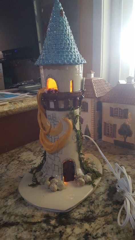 Ceramic Tower Sculpture, Rapunzel Pottery, Rapunzel Crafts, Rapunzel Stuff, Ap Ceramics, Rapunzel's Tower, Rapunzel Tower, Clay Fairy, Clay Fairy House