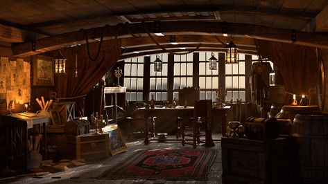 ArtStation - In the pirate captain's cabin, Francisco Javier Rodriguez Pirate Ship Bedroom, Fantasy Music, Air Ship, Pirate Room, Captains Quarters, جوني ديب, Pirate Boats, Cabin Aesthetic, Francisco Javier