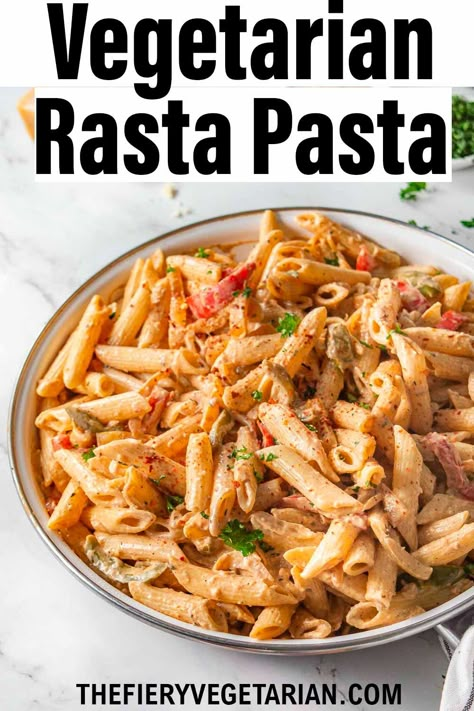 This delicious vegetarian rasta pasta is based on the famous Jamaican recipe and has tons of flavor from jerk seasoning, and is luscious and creamy and ready in only 20 minutes! Let me know how much you loved it in the comments. Rasta Pasta Recipe, Jamaican Recipe, Jerk Recipe, Spicy Vegetarian Recipes, Vegetarian Recipes Videos, Rasta Pasta, Vegetarian Pasta Recipes, Jerk Seasoning, Vegetarian Pasta