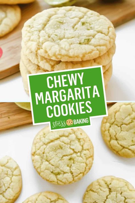 These chewy margarita cookies are soft, salty and sweet, with zesty lime and orange flavors and a hint of tequila! | Chewy Margarita Cookies | boozy cookies | chewy sugar cookies | margarita sugar cookies | summer cookies | tequila cookies | lime cookies | cinco de mayo cookies | stress baking recipes | stressbaking.com @stressbaking #stressbaking Tequila Cookies, Boozy Cookies, Margarita Cookies, Mayo Cookies, Boozy Baking, Cookies Summer, Lime Cookies, Boozy Desserts, Chewy Sugar Cookies