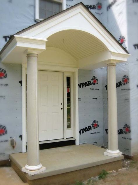 arched porch Arched Porch, Portico Ideas, Arched Front Door, Portico Design, Front Door Canopy, Porch Canopy, House Awnings, Roof Ideas, Front Door Entryway