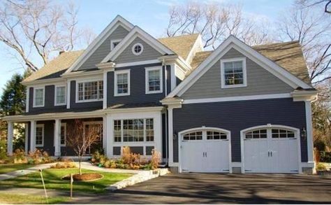 3 House Siding Trends for 2019 | Rollex House With White Trim, Blue Exterior House Colors, Beautiful Houses Exterior, Gray House Exterior, Trendy House, House Paint Color Combination, Gray House, Exterior House Paint Color Combinations, Exterior House Color