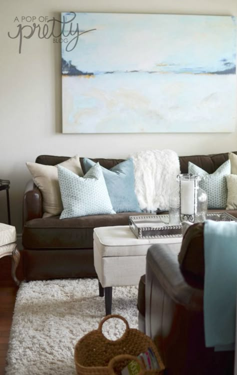 Brown Couch Teal Pillows, Brown Coastal Living Room, Brown Couch Decor, Oil Painting Abstract Modern, Summer Living Room Decor, Brown Leather Couch Living Room, Home Decor 2023, Brown Sofa Living Room, Edgecomb Gray