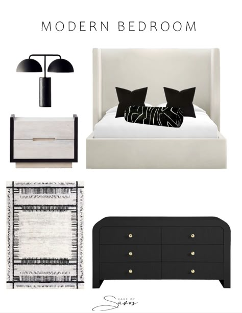 Bedroom Art Modern, Black White And Cream Bedroom Ideas, Platform Bed Nightstand Ideas, Beige Bed Black Nightstand, Chic Master Bed, Black Bed Room Ideas, White Bed Black Nightstand, Black Platform Bedroom Ideas, Black And White Bedroom Ideas Luxury