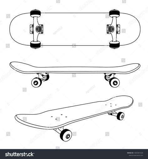 Classic skateboard view from the side, bottom and at an angle. Monochrome contour drawing. #Ad , #SPONSORED, #view#side#Classic#skateboard Skateboard Side View, Skateboard Reference Drawing, Skatebored Drawings, Cartoon Skateboard Drawing, How To Draw A Skateboard, Skateboard Drawing Easy, Skateboard Drawings, Skateboard Template, Skateboard Drawing