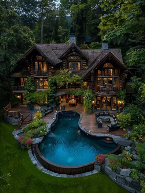 Big House In Woods, Mansions In The Woods, Mansion With Pool, Wood Mansion, House Surrounded By Trees, Backyard With Pool, Big Beautiful Houses, Big Cabin, Game Room Ideas