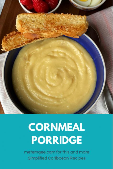 Easy Cornmeal Porridge - Metemgee Plaited Bread Recipe, Cornmeal Porridge Recipes, Caribbean Breakfast, Cornmeal Porridge, Cooking Sweet Corn, Cornmeal Recipes, Brown Recipe, Porridge Recipes, Jamaican Recipes