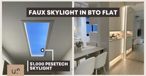 This Homeowner Created A Faux Skylight In Her HDB BTO & It Looks All Sorts Of Amazing Faux Skylight Ceilings, Skylights Ideas Ceilings, Faux Skylight, Skylight Bathroom, Cornice Design, Hallway Mirror, Ceiling Ideas, Blue Sky Background, Light Panel