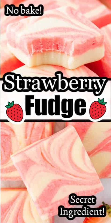 This strawberry fudge is so easy and it uses a secret ingredient to give it the flavor you love!! Such an awesome no-bake dessert recipe! Strawberry Cheesecake Fudge Recipe, Candied Strawberries Recipe, Baked Fudge Recipe, Strawberry Fudge Recipe, No Bake Fudge, Strawberry Fudge, Strawberry Snacks, Homemade Fudge Recipes, No Bake Recipe