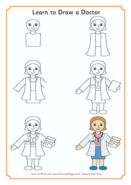 Learn to Draw a Doctor Nurse Painting, Trin For Trin Tegning, Doctor Drawing, Hand Art Kids, People Who Help Us, Doctor For Kids, Directed Drawing, Lunch Lady, Easy Drawings For Kids