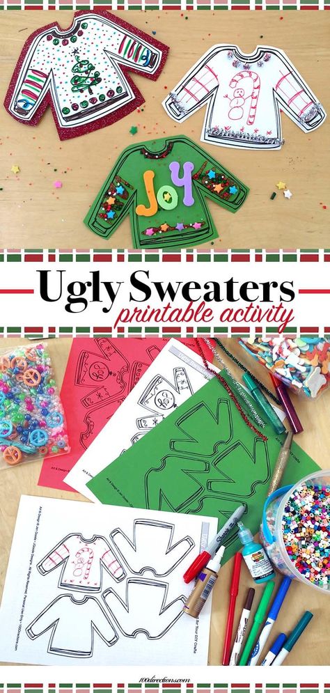 Ugly Sweaters Printable for Your Ugly Sweater Party - 100 Directions Ugly Christmas Sweater Awards Printable, Ugly Sweater School Project Ideas, Ugly Sweater Birthday Party Kids, Ugly Sweater School Project, Ugly Sweater Template Printable For Kids, Ugly Sweater Drawing Ideas, Ugly Sweater Craft Preschool, Ugly Christmas Sweater Printables Free, Ugly Sweater Activities For Kids