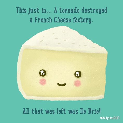 Dad Jokes, Fake News & Puns on Instagram: “This just in.  A tornado destroyed a French Cheese factory.  All that was left was De Brie!  #fakenews #dadjoke #dadjokes #illustration…” French Puns, Cheese Jokes, Weather Puns, Weather Jokes, Funny Food Jokes, Cheese Puns, Bible Jokes, Jokes Kids, Sports Joke