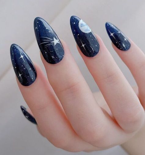 Nye Nail Art, Navy Nail Art, Galaxy Nail Art, Dark Blue Nails, Navy Nails, Space Nails, Maroon Nails, Sky Nails, Indigo Nails