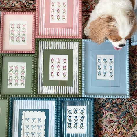 Bows, Buds, & Bobbins ft. @teddythecavking as my little helper! 🐶🤍🎀 🤍✨ these sweet pieces are available on my site! #interiordesign #design #artwork #painting #gold #frames #blue #flowers #pattern #traditional #canvas #acrylic #brass #tablescape #womenowned #smallbusiness #selftaught #interiordesigner #collector #homegoods #art #vintage #vibe #picture #beautiful #bobbins Quilted Picture Frames, Diy Fabric Picture Frames, Bobbin Picture Frame, Memory Frame Ideas, Brass Tablescape, Framing Fabric, Pin Board Ideas, Paint Frame, Picture Frame Mat