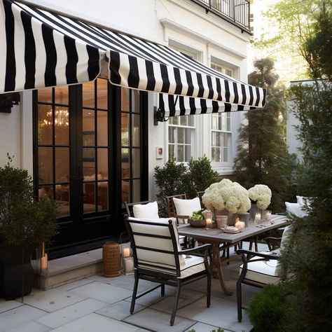 10 Colorful Patio Awning Ideas Fabric Awnings Exterior, Scalloped Awning, Black And White Awning, Striped Awning, Awning Ideas, Canvas Awnings, Fabric Awning, Colorful Patio, Patio Awning