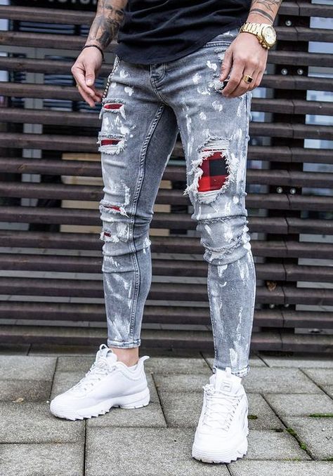 #mensjeans #jeans #mensclothing #streetstylefashion Damage Jeans Men, Damage Jeans, Grey Ripped Jeans, Mens Hairstyles Curly, Outfits Juvenil, Mens Designer Jeans, Ripped Pants, Ripped Jeans Men, New Mens Fashion