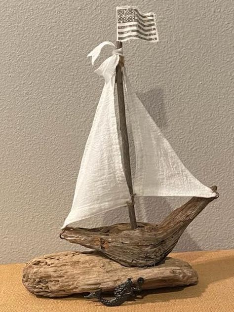 Driftwood sailboat with American flag and mermaid Driftwood Sailboat, Driftwood Crafts, American Flag, Nautical, Mermaid, Flag