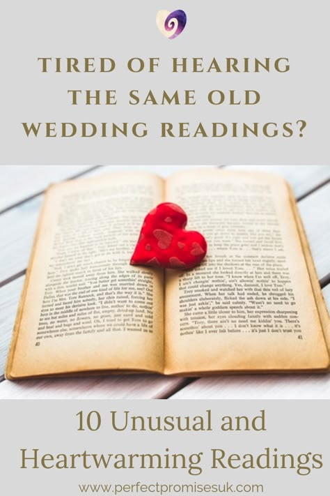 Tired of hearing the same old wedding readings? Here are 10 heartwarming readings which you may not have heard before. Just the thing to make your wedding ceremony truly your own Bible Passages For Wedding Ceremony, Biblical Wedding Readings, Wedding Readings Ceremony, Readings For A Wedding Ceremony, Wedding Readings For Family To Read, Wedding Invocation Ideas, Wedding Passages To Read, Best Wedding Readings, Wedding Readings Religious