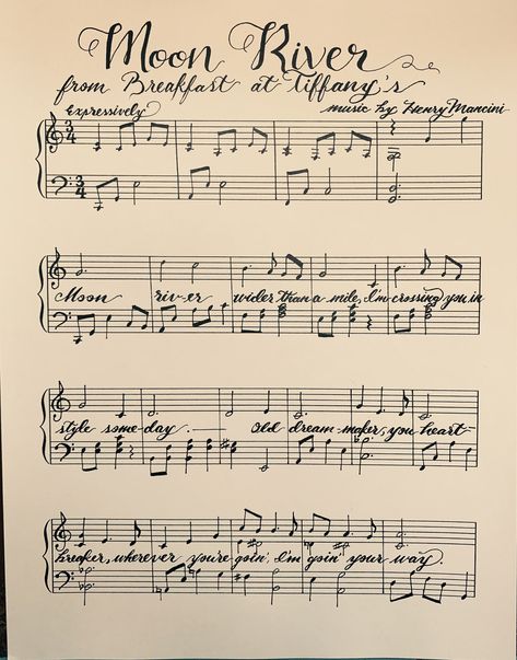 Moon River (from Breakfast at Tiffany's) Handwritten Sheet Music I am a classically trained musician and a calligrapher who combines these skills to create musical art First page only Ocarina Music, Graffiti Words, Breakfast At Tiffany's, Moon River, Musical Art, Breakfast At Tiffanys, Joy Of Life, What Can I Do, New Wall