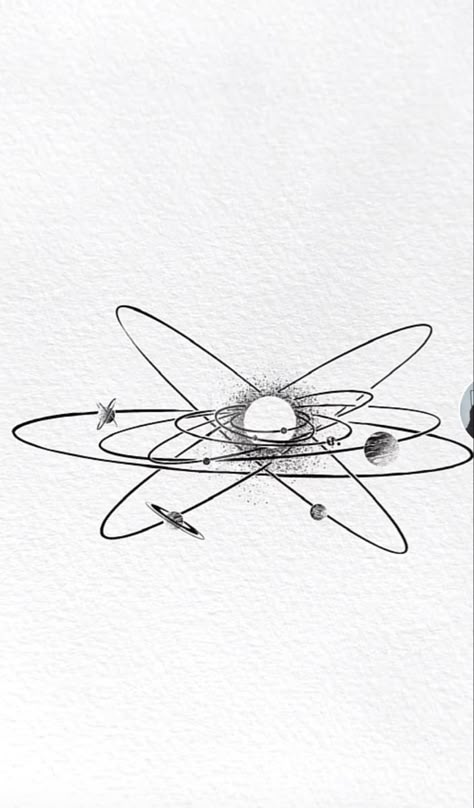 Planet Line Drawing, Star System Tattoo, Annihilation Tattoo, Minimalist Space Tattoo, Astronomy Sketches, Orbit Tattoo, Astronomy Drawing, Physics Tattoos, Atom Tattoo