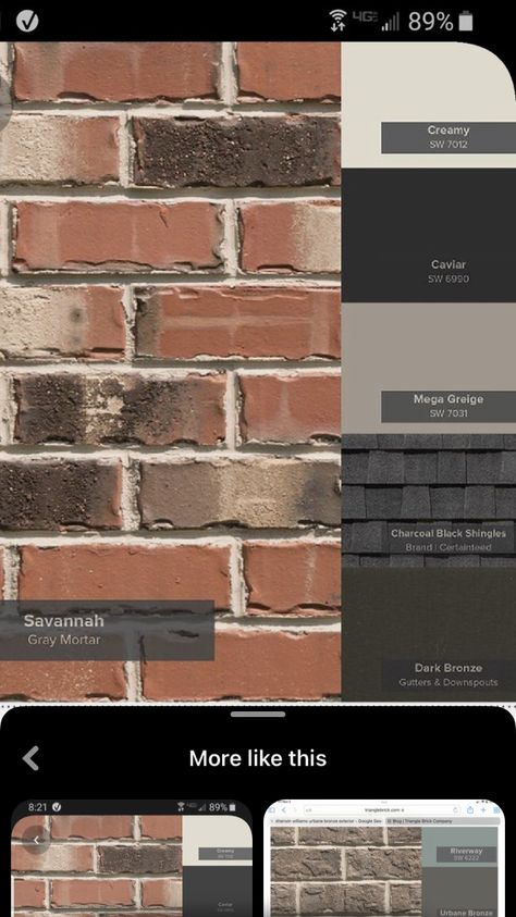 Outdoor House Paint Colors With Red Brick, Gray And Red Brick House Exterior, Orange Brown Brick House Exterior Color Schemes, Dark Siding With Brick Exterior, Exterior House Embellishments, Red Brick Cream Siding, Brown Brick Siding Colors, Brick And Black Exterior House, Brown And Black Brick House