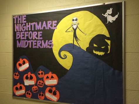 My RA bulletin board for October. I was going for a midterm theme but still wanted to have a Halloween aspect to it. When I was searching I found barely any midterm themed boards or The Nightmare Before Christmas for that matter.   That being said, I drew my inspiration from a collage of different images that I liked the most. I decided to share just in case someone was looking. Enjoy guys Dorm Bulletin Boards, October Bulletin Board, Porta Halloween, October Bulletin Boards, November Bulletin Boards, College Bulletin Boards, Thanksgiving Bulletin Boards, Work Bulletin Boards, Interactive Bulletin Boards