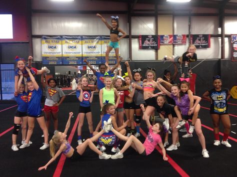 Superhero themed cheer practice Themed Practice Ideas, Cheer Practice Themes, Cheer Themed Practice, Cheer Practice Ideas, Cheer Themes, Uca Cheer Camp, Cheerleading Camp, Cheer Swag, Cheer Bags