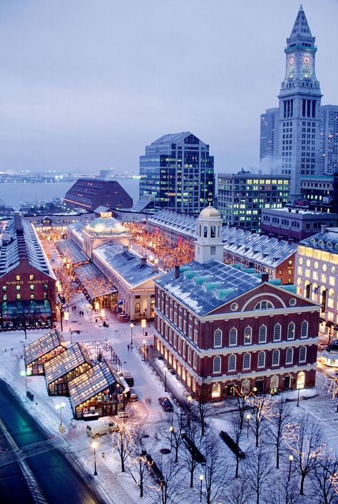 Christmas in Boston | Where to Stay, Eat, Shop & Celebrate the Season - New England Today Quincy Market, Magic Places, City At Night, Boston Ma, Favorite City, Design Layout, In Boston, Aerial View, Rhode Island