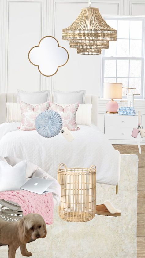 Malibu Barbie Bedroom, Beachy Glam Bedroom, Serena And Lily Aesthetic, White And Pastel Bedroom, Cute Beach Rooms, Room Ideas Pink And Blue, Cute Room Designs, Beachy Room Ideas, Coastal Girls Bedroom