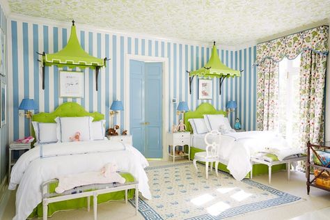 Twin Beds Guest Room, Childrens Bedroom Furniture, Striped Walls, Upholstered Headboard, Beautiful Bedrooms, Childrens Bedrooms, My New Room, Guest Bedroom, Girl Room