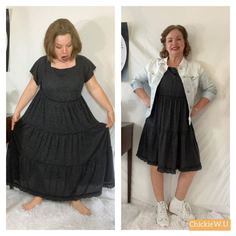 Hello Readers. When I saw this dress I thought the tiers of the skirt were so fun and pretty and on trend too. But the dress was just too long on me. I needed to shorten it. It was fast and easy "no-sew" project. (I thrifted my dress but you can find a similar dresses here and here.) Before and after some quick alterations. Why am I making this face? I don't know. Please ignore it, it has no bearing on the dress refashion. This dress was a light weight knit material. When I trie… Sewing Clothes Women Dresses, Clothing Alterations, Easy Clothing, Twirly Skirt, Upcycled Clothes, Thrift Flip, Altering Clothes, Post Ideas, My Dress