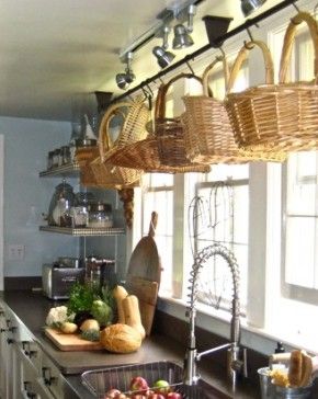 Baskets in kitchen Baskets Above Kitchen Cabinets, Hanging Wicker Baskets, Decorate With Baskets, Bee Cottage, Small Dining Room Table, Casa Country, Farmhouse Kitchen Cabinets, Luxurious Life, Pretty Kitchen