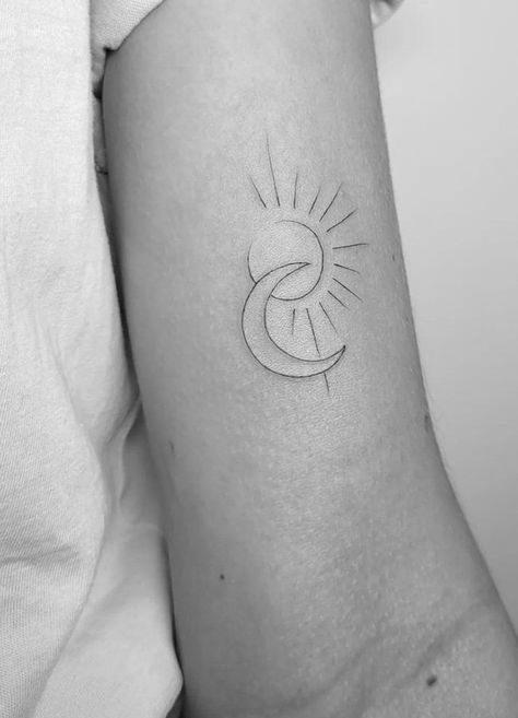 Sun Moon Star Meaning, Sun And Moon Infinity Tattoo, Sun Moon Stars Tattoo Ideas, Sun Moon Sky Tattoo, Sun In Moon Tattoo, Moon And Sun Sister Tattoo, Boho Sister Tattoos, Half Moon And Sun Tattoo, Single Line Moon Tattoo