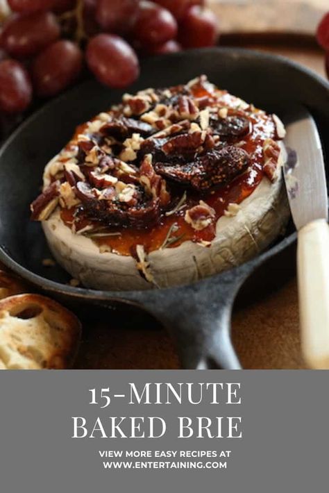 This Baked Brie with Jam is an easy holiday appetizer idea that comes together so quickly and easily! Welcomes your guests out of the cold with a warm and gooey baked brie platter!    #entertainingwithbeth #bakedBrie #BakedBriewithJam #HolidayAppetizer #AppetizerforParties #ChristmasRecipes Baked Brie With Onion Jam, Autumn Baked Brie, Warm Brie Appetizer, Skillet Brie, Brie Platter, Decadent Appetizers, Fig Dip, Brie With Jam, Baked Brie With Fig Jam