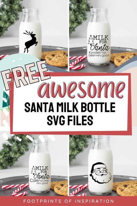 I love these adorable DIY Santa Milk Bottles and they took me only minutes to make using the FREE SVG Files! My kids are going to love putting them out for Santa on Christmas Eve! #footprintsofinspiration #milkbottlediy #easydiy #freesvg #christmasdiy #easydiygifts #vinylprojects #vinyldiy #silhouette #cameo Milk Bottle Craft, Free Christmas Svg Files, Milk Bottle Diy, Diy Gumball Machine, Diy Santa, Glass Milk Bottles, Fun Christmas Crafts, Diy Bottle Crafts, Milk Bottles