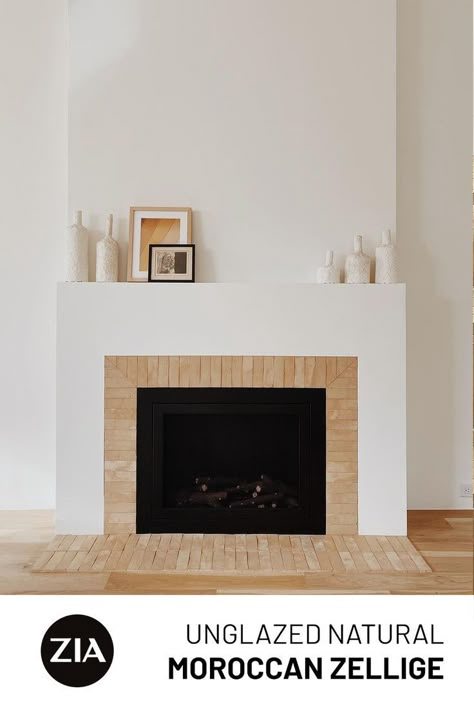 Unglazed Natural 2x6 Zellige - Handmade Moroccan Tile from Zia Tile in 2022 | Fireplace feature wall, Fireplace, Moroccan tile Wide Plank Wood Floors, Plank Wood Floors, Dream Fireplace, Zia Tile, Fireplace Tile Surround, Wood Floors Wide Plank, Fireplace Remodel, Home Fireplace, Fireplace Makeover